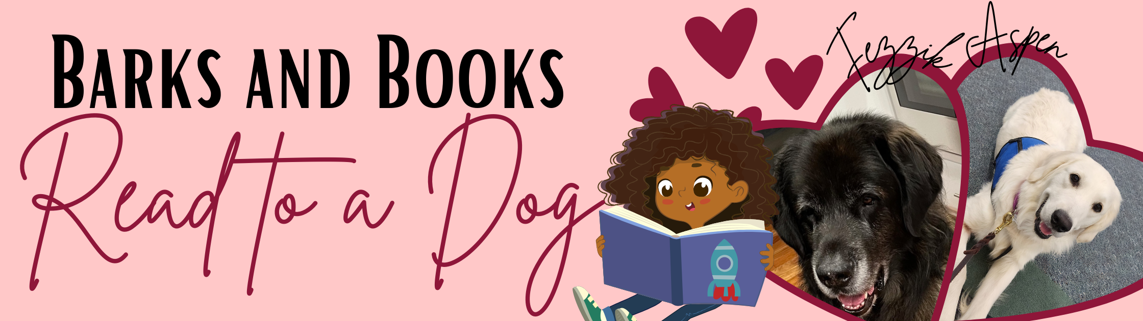 image of girl with curly brown hair and brown skin reading a book next to her is a heart shaped photo of a golden retriever and another heart shaped photo of a Leonberger