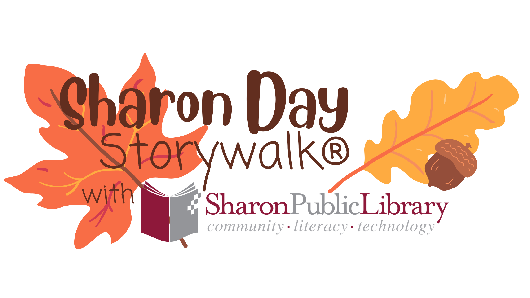 Text reads "Sharon Day Storywalk with the Sharon Public library" illustrations of leaves