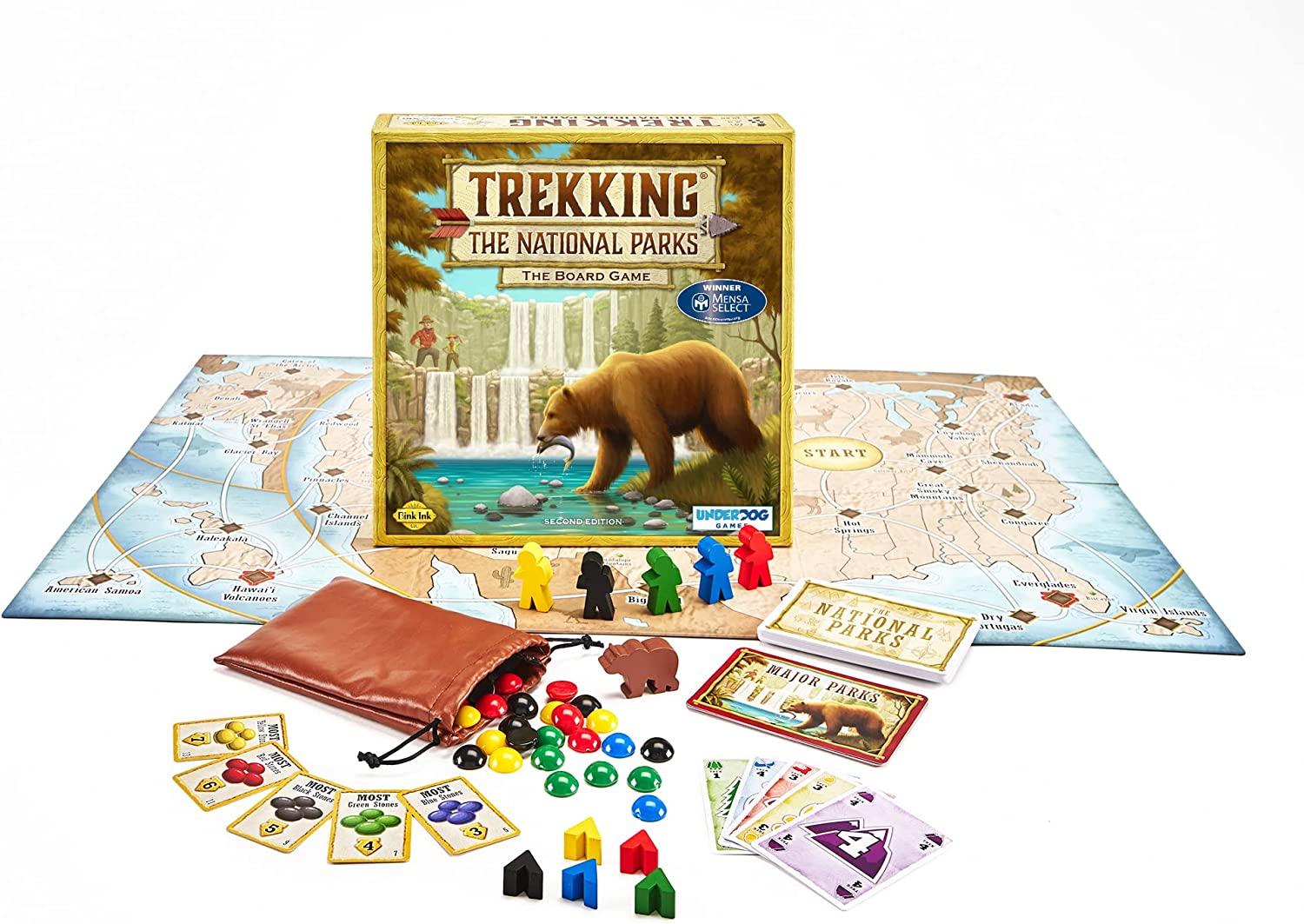 Trekking the National Parks board game with pieces and cards displayed