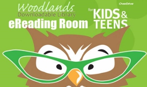 Woodlands Library Overdrive logo; picture of owl face wearing glasses