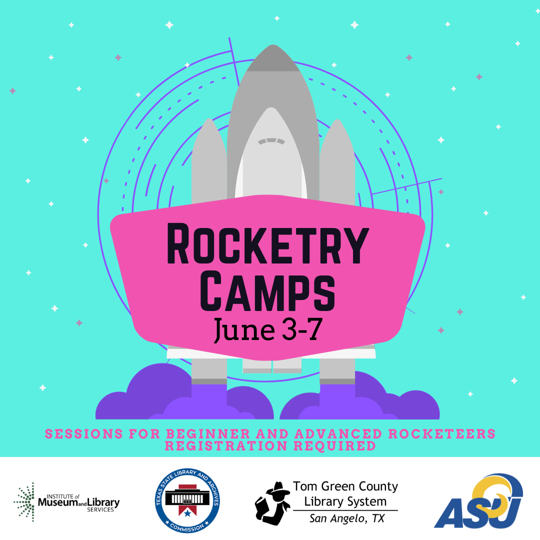 Rocket blasting off with text: Youth Rocketry Camps