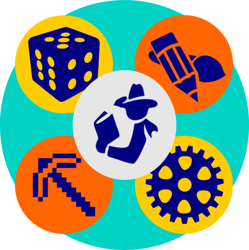 TGCLibrary Reading Cowboy Logo surrounded by dice, paints, Minecraft pickaxe, and gears.