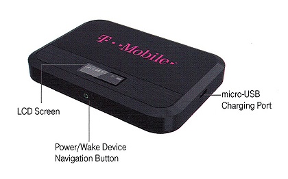 A diagram of T-Mobile WiFi hotspot, showing the location of the LCD screen, power button, and charging port
