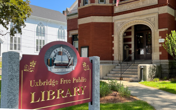 Photo of Library exterior sign and front of building