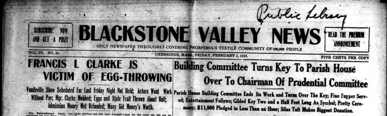 Screenshot of Blackstone Valley News front page headlines, dated February 2, 1923