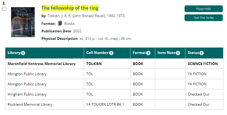 Catalog record for The Fellowship of the Ring in the online catalog.