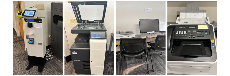 We have a self-serve print release & photocopy station, a scanning station, and a fax machine that staff can use for patrons