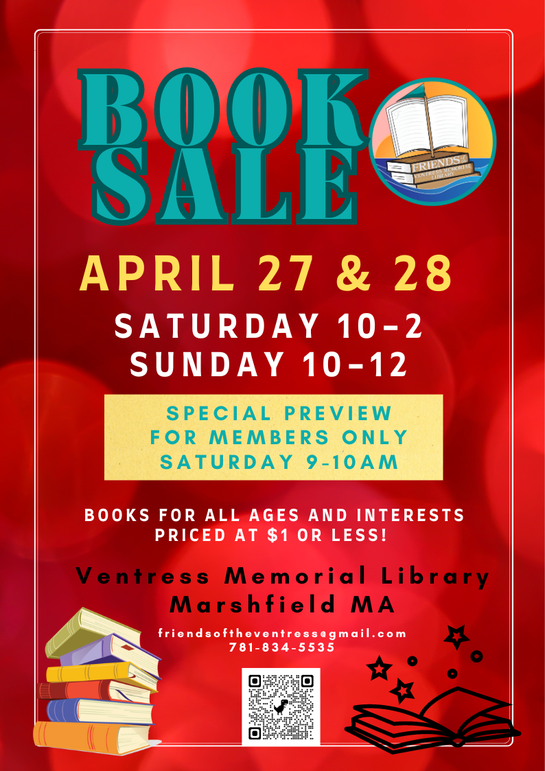 Book Sale April 27 & 28. Saturday 10-2, Sunday 10-12. Special preview for members only Saturday 9-10am. Books for all ages and interests priced at $1 or less.