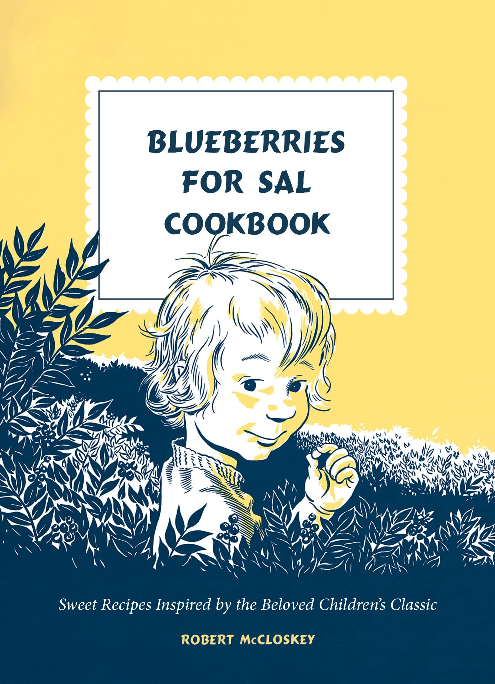 Illustration of a small girl in blueberry bushes eating berries