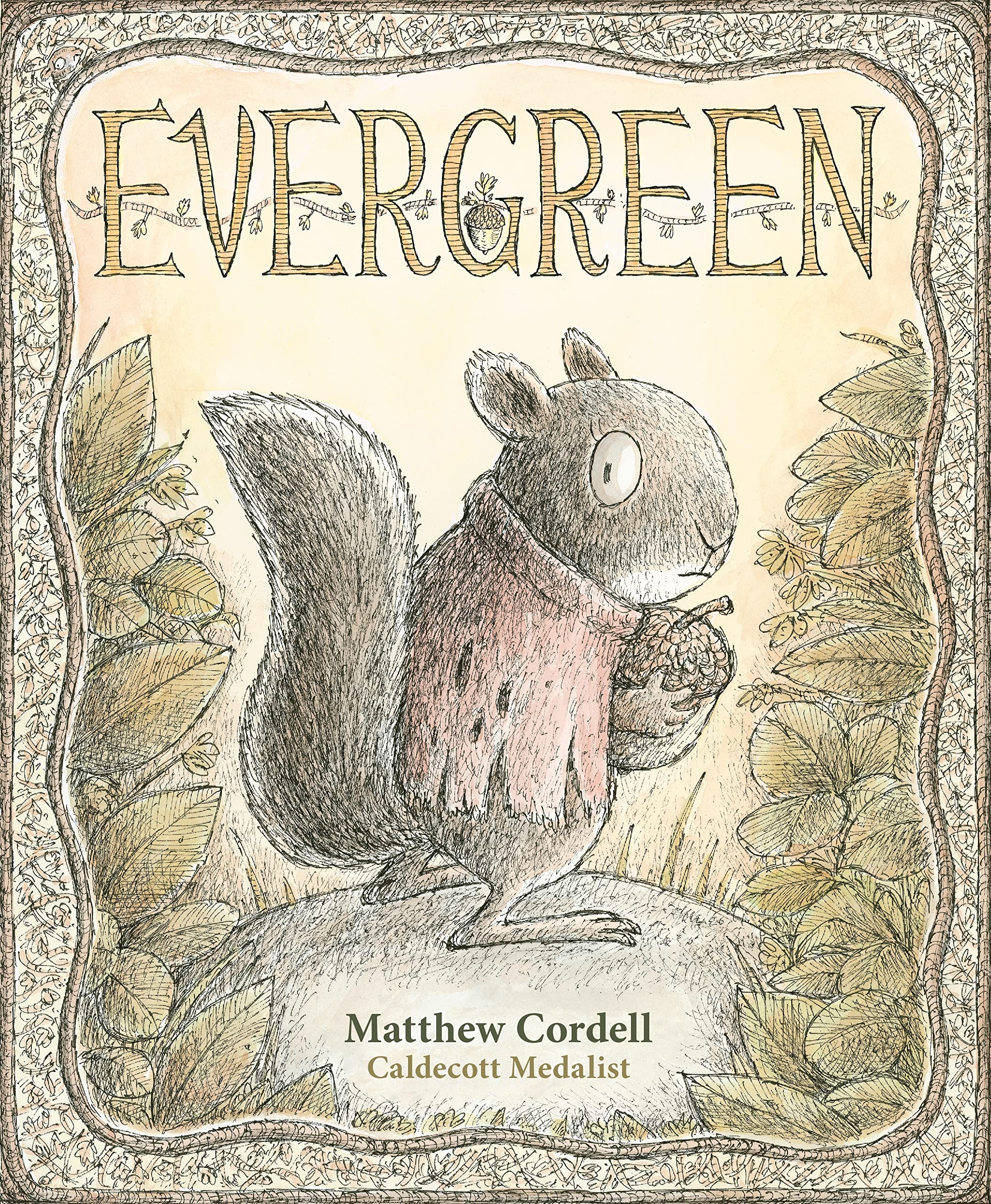 Illustrated young squirrel holding an acorn in a forest