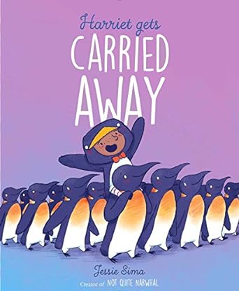 Illustration of young girl in a penguin costume getting carried away by a large group of penguins