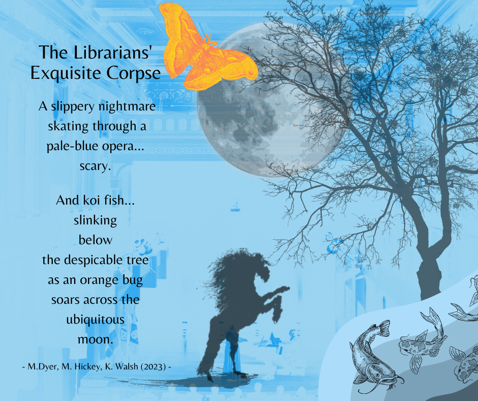 Pale blue background with assorted graphics (horse, moon, orange moth, tree, fish, etc.) with poem 