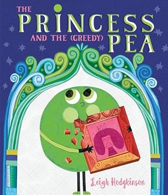 illustration of a very large animated pea eating a framed picture of a princess