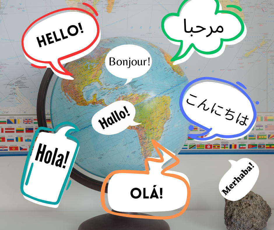 A Photo of a globe and world map with various languages in speech bubbles