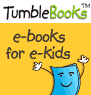 Graphic logo for tumblebooks  - book with arms waving and smiley face on cover