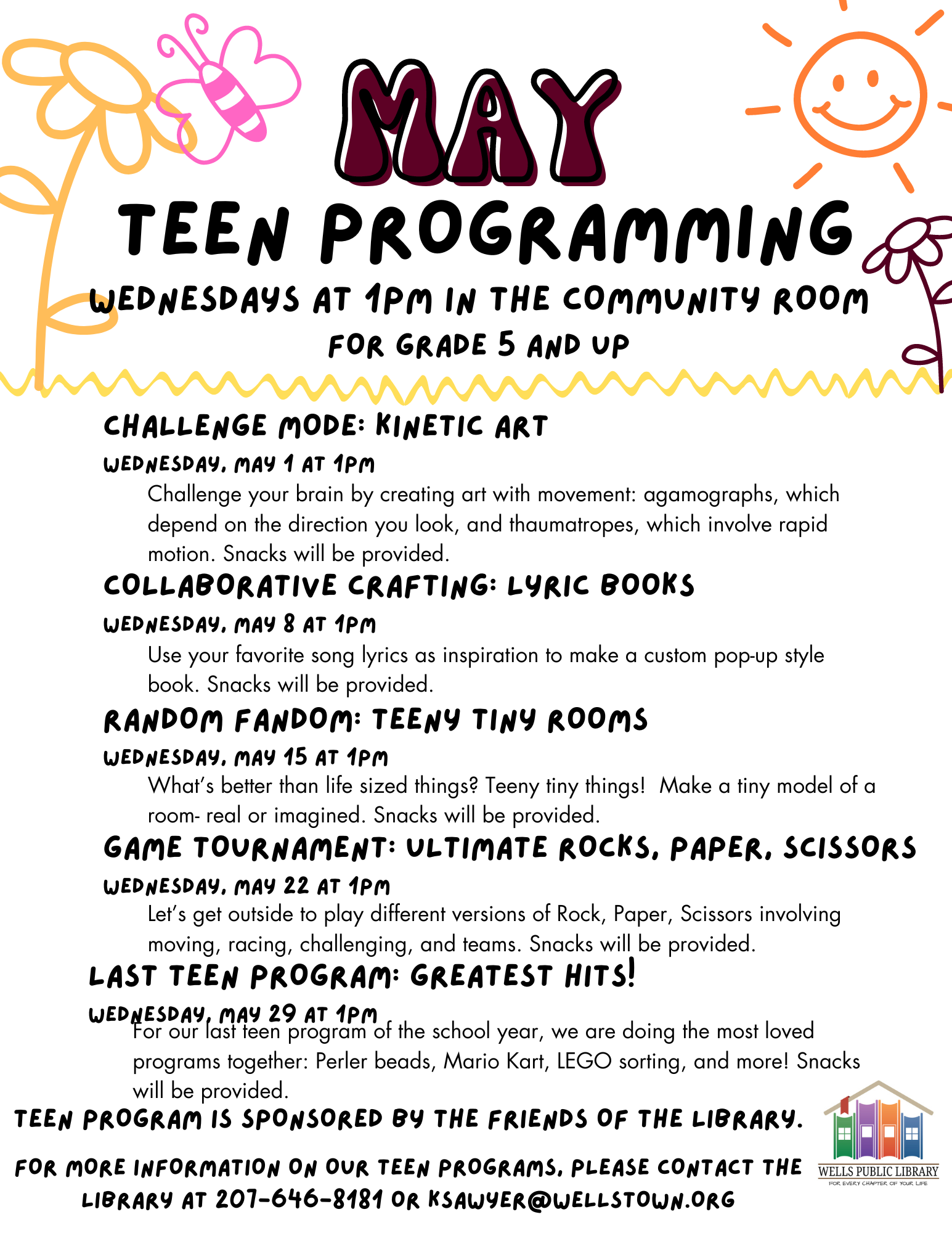 List of May teen programs- see calendar for more details.