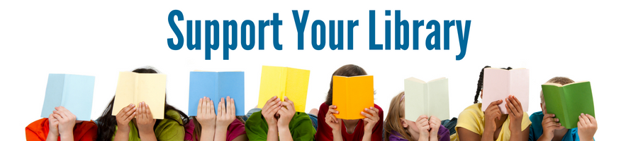 Background image of a row of people of various ethnicities holding books and text Support the Library