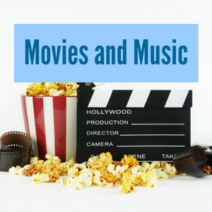 Movies and Music link with image of film, popcorn, and clapboard