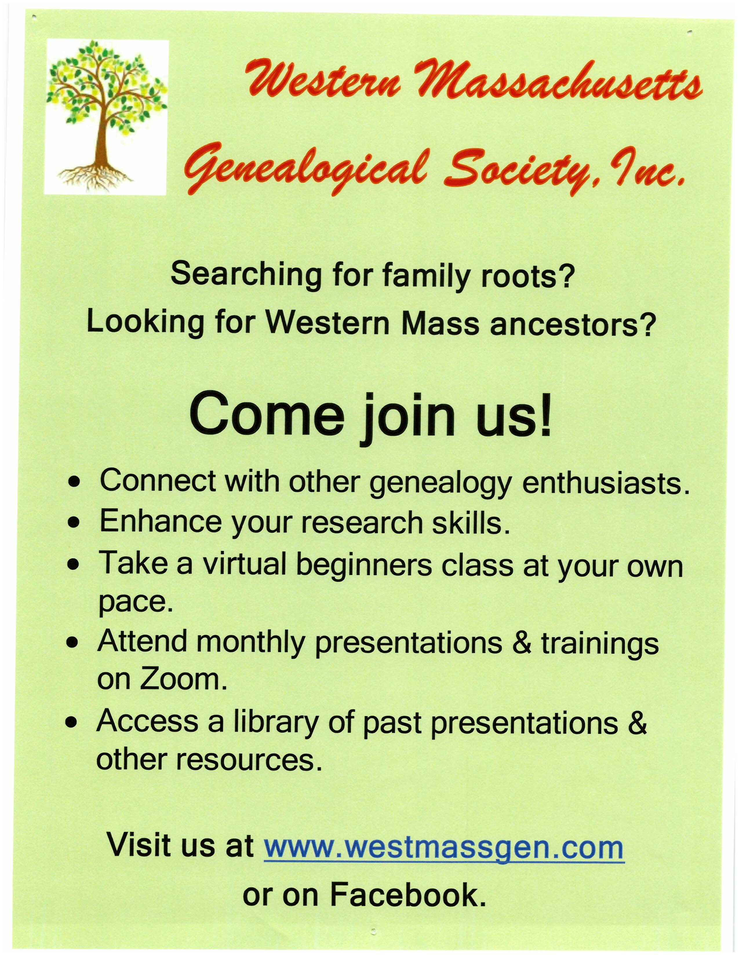 flyer for western mass genealogical society.  contact www.westmassgen.com
